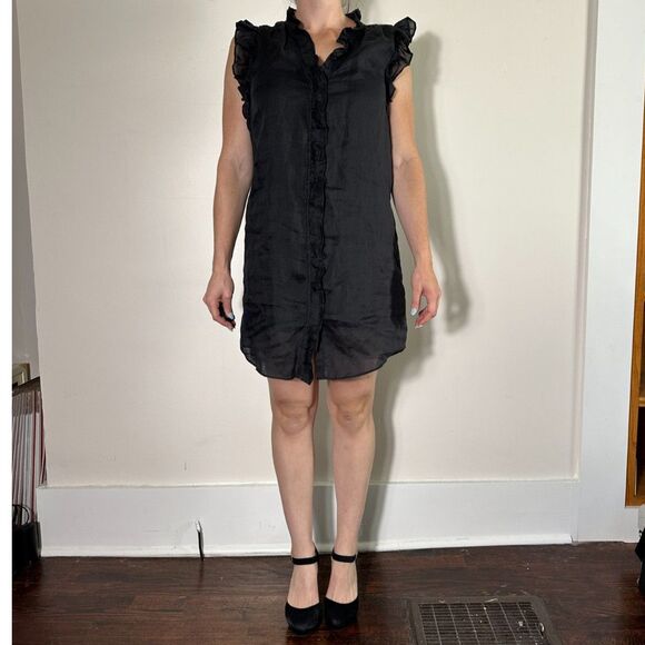FRAME Lauren Ruffled Ramie-gauze Mini Dress In Black Size Small - Picture 1 of 5